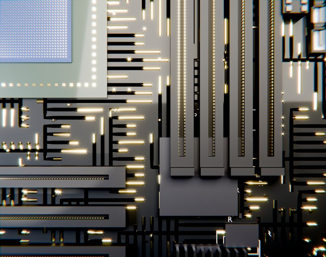 Modern technology circuit board close-up with glowing blue lights